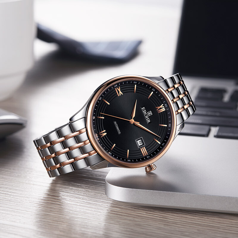 依波表(EBOHR)大师系列男士自动机械表商务国表百搭防水实心钢带手表送男友礼物 玫金框黑盘 50870110高清大图