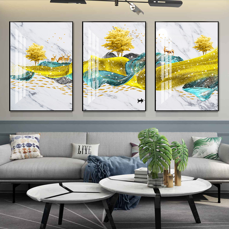 客厅装饰画沙发背景墙挂画北欧壁画三联 金鹿呈祥(金色边框) 70*90cm三联套装(建议3.5-4.5米沙发)摩登黑[铝高清大图