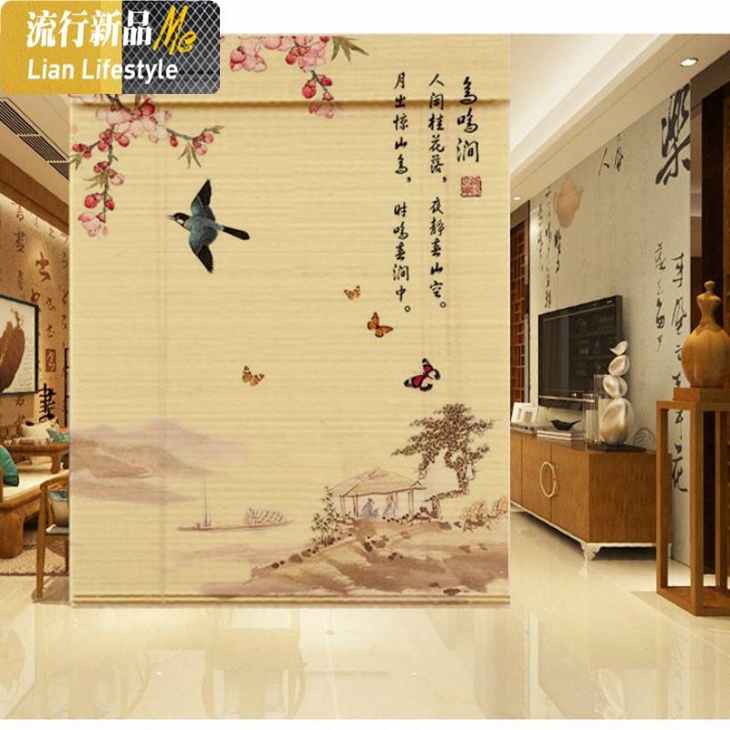 荷花九鱼花鸟竹帘窗帘卷帘子装饰隔断背景墙 三维工匠高清大图
