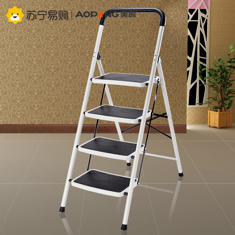 奥鹏 家用梯 四步梯 扶梯 梯子家用折叠四步人字梯烤漆铁梯加厚防滑宽踏板折叠梯子家用梯 扶梯 折叠梯 折叠提 白灰