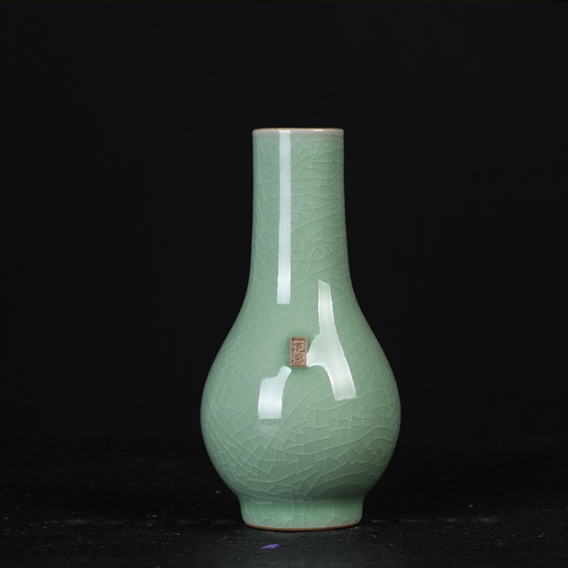 龙泉青瓷小花瓶 陶瓷干花插禅意日式简约水培手工创意摆件家居装收纳袋 三维工匠 淑女瓶（哥窑梅子青冰裂）