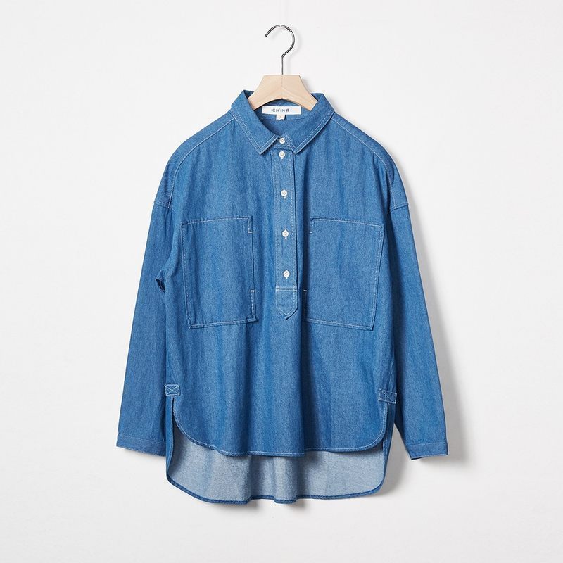 119元2件chin祺港味方领衬衣原创设计修身长袖牛仔外套女装休闲夏衬衫