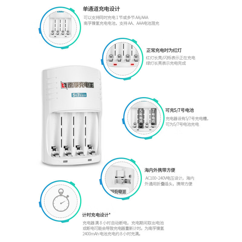 南孚(NANFU)AA充电电池 5号4粒1600mAh带充电器 镍氢充电耐用型(计价单位:卡)(BY)