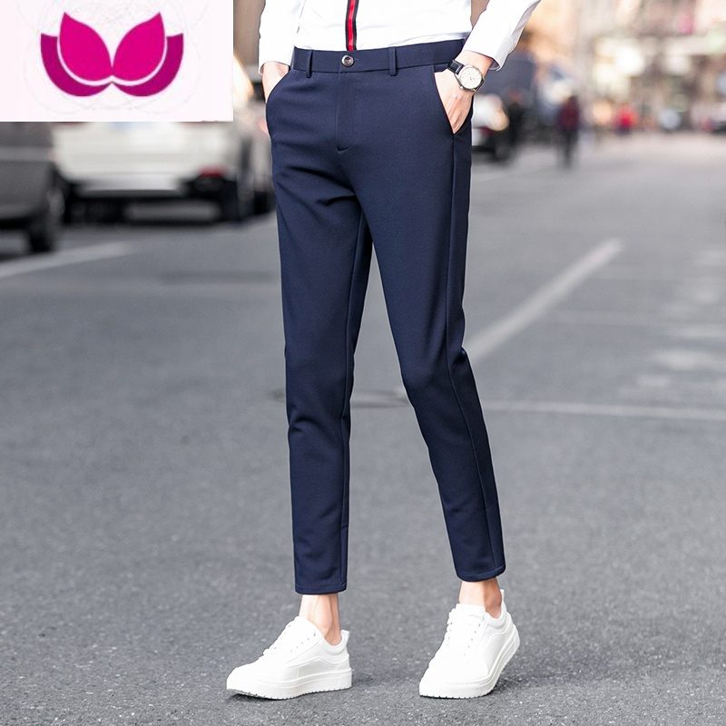 七斓薄款九分裤子男修身韩版潮流男士西裤休闲裤小脚西装裤黑长裤