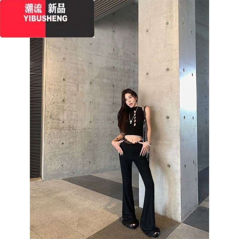 YIBUSHENG黑色蕾丝微喇叭休闲裤女季新款高腰修身阔腿裤小个子拖地长裤子图片