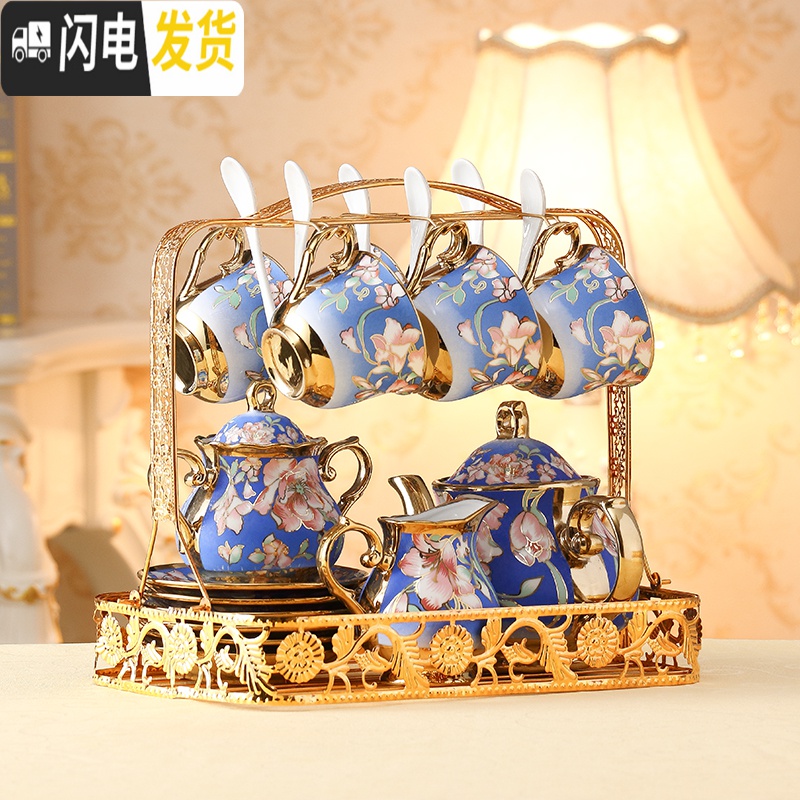 三维工匠描金水具套装客厅家用欧式陶瓷杯子耐热冷水壶凉水壶水杯具带架子 兰花-1壶6杯碟勺+架+配套果盘高清大图