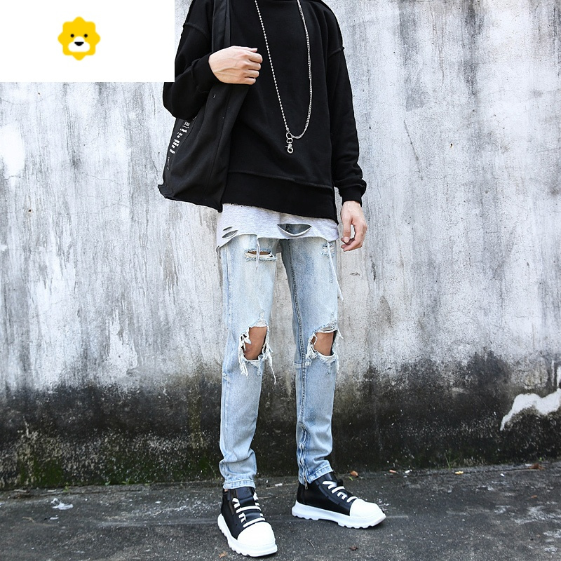 fishbasket黑色牛仔裤男季高街男生2024新款破洞修身男裤美式拉链裤子