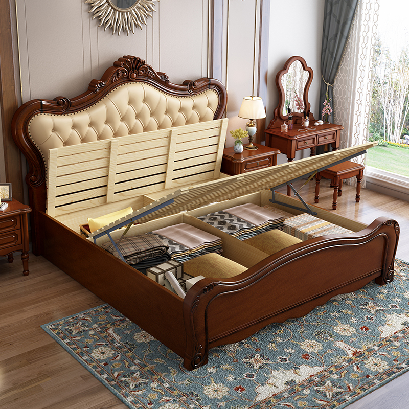 实木床美式桃花芯木单双人床18m米软靠皮床高箱储物卧室精品家具8810p
