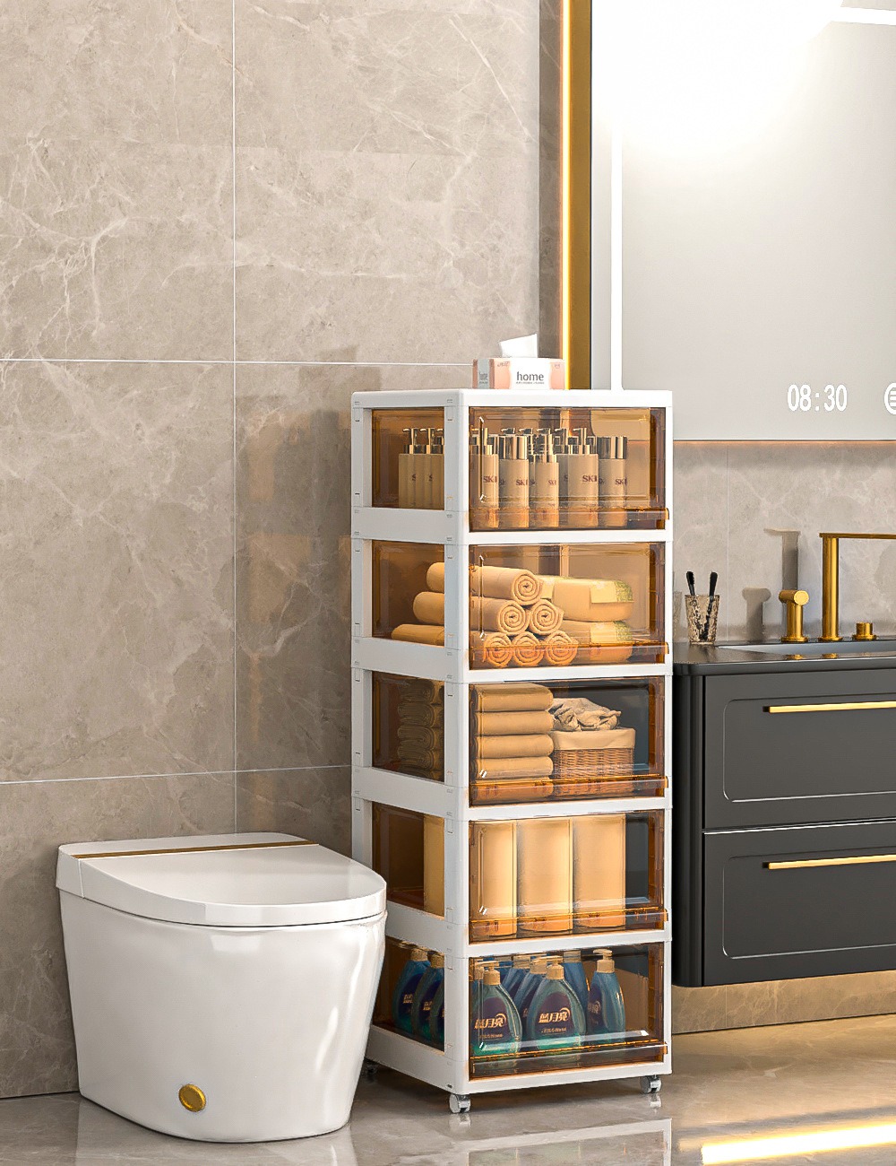 华普思可折叠夹缝收纳柜抽屉式储物箱家用宝宝零食柜卫生间窄缝整理柜子茶色象牙白40CM面宽5层可拆卸折叠多层带万向轮