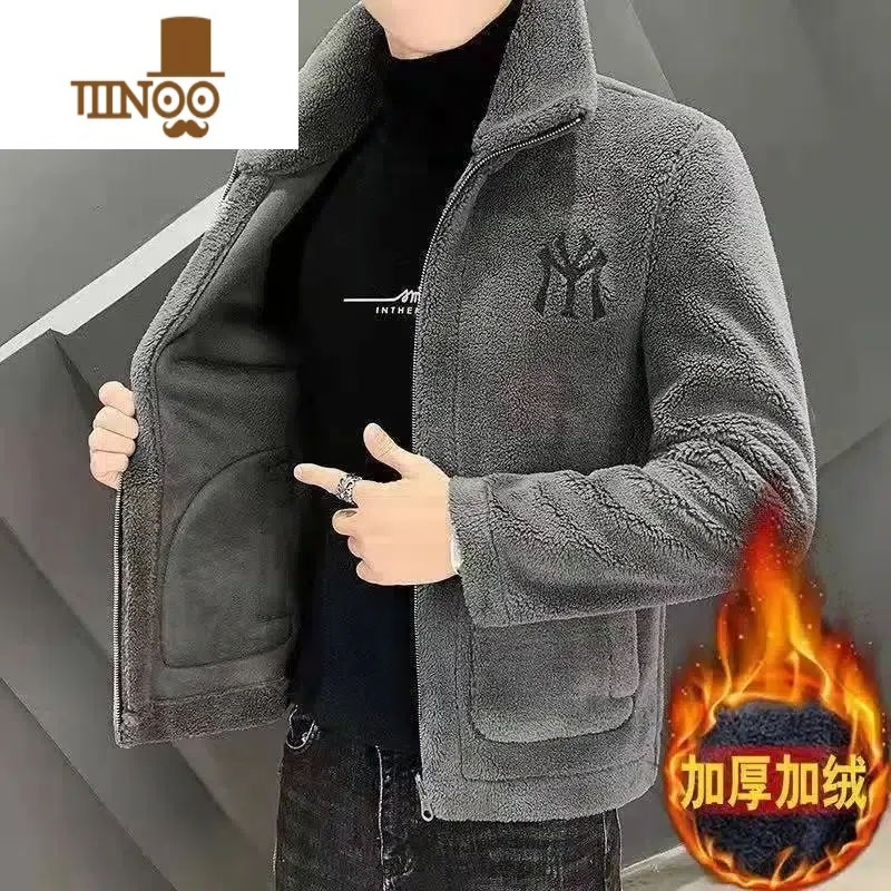 YANXU2023男新款羔绒外套男士立领潮流加绒加厚男装冬装外套潮 M 灰色