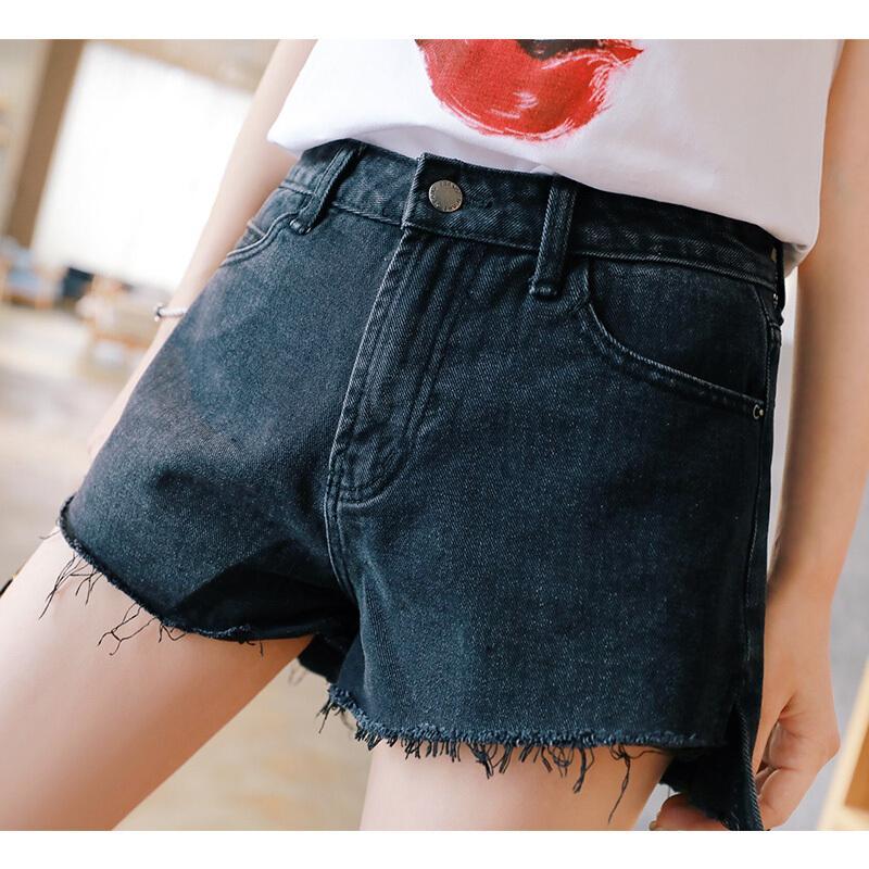 短裤女夏2018新款裤子女宽松高腰牛仔破洞裤前短后长毛边热裤潮黑色