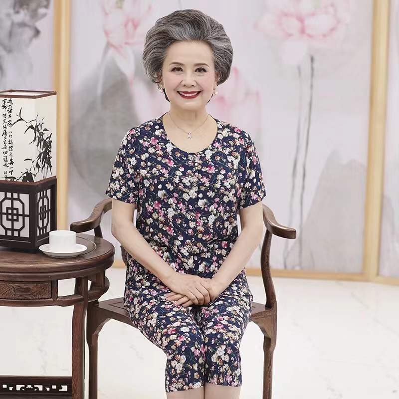 妈妈装夏装棉绸套装中老年人女装短袖开衫60岁70老太太绵绸奶奶装 莎丞