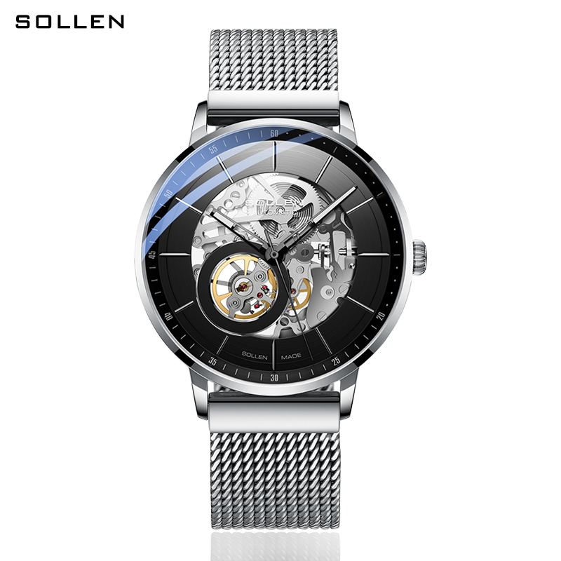 梭伦(SOLLEN)手表男正品自动机械表镂空男士手表防水时尚学生新款腕表SL316 银壳黑面
