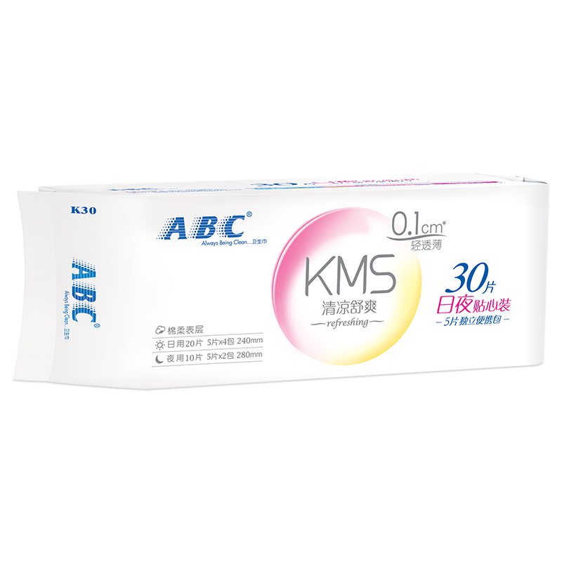 ABC轻透薄棉柔表层卫生巾日用20片+夜用10片(含KMS健康配方)