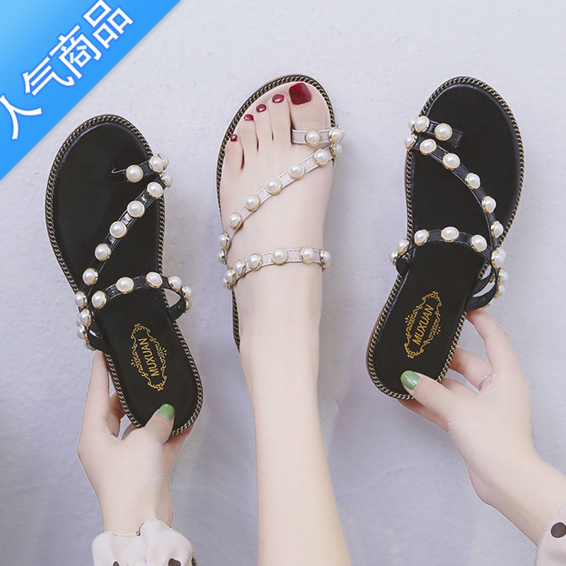 SUNTEK2023新款凉鞋女夏平底女鞋时尚外穿百搭套趾海边度假风珍珠K女穿高清大图