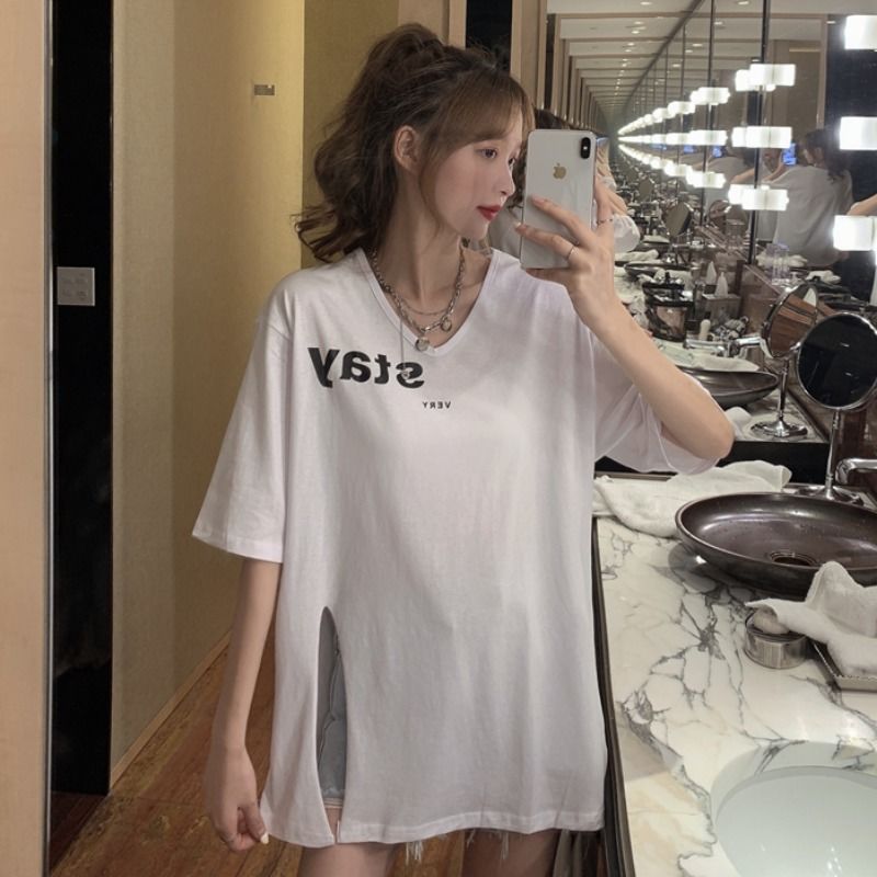 v领短袖中长款甜酷t恤女2021夏设计感小众胖mm宽松大码开叉上衣潮
