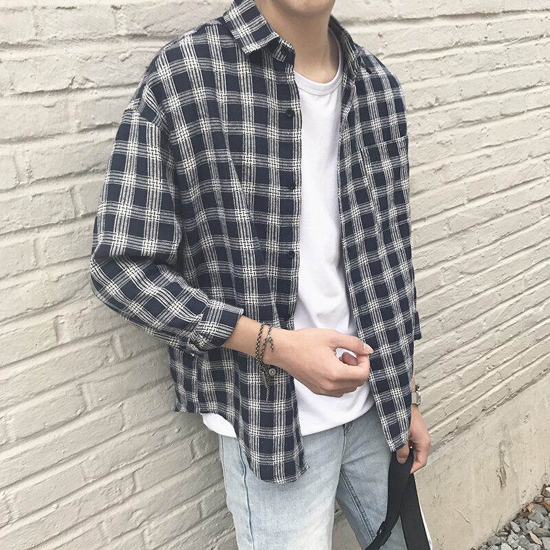格子衬衫男长袖春秋韩版休闲宽松潮流帅气青少年寸衫男士衬衣