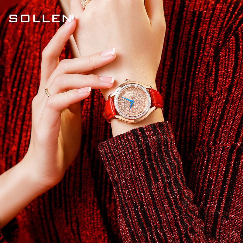 梭伦(SOLLEN)手表女士七夕情人节礼物送礼镶钻满天星时尚简约气质石英女表SL436高清大图