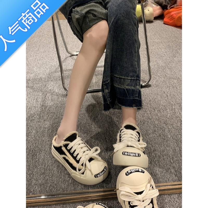 SUNTEK开口笑包头半拖小白帆布鞋女2023年夏季新款百搭厚底懒人休闲凉拖