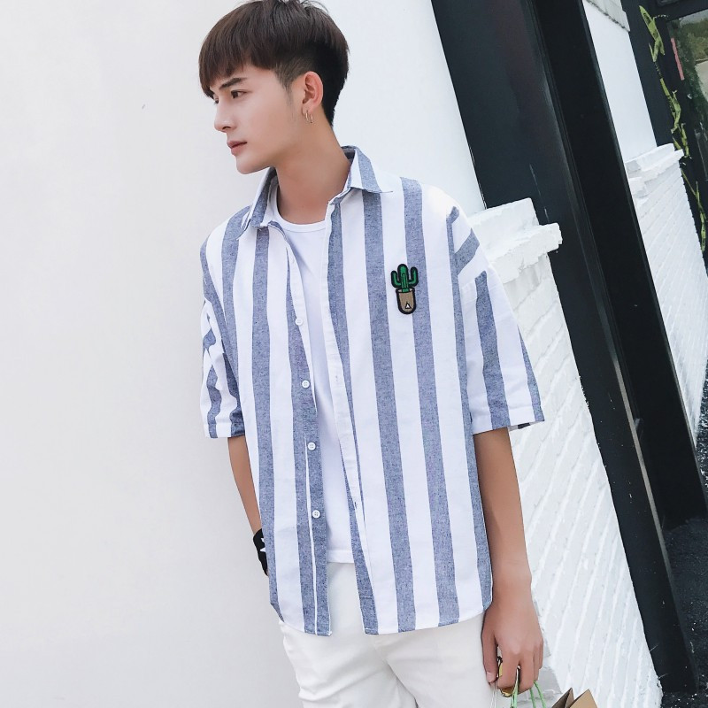 夏款港仔文艺宽松休闲条纹衬衫男bf风韩版时尚青年五分袖衬衣潮