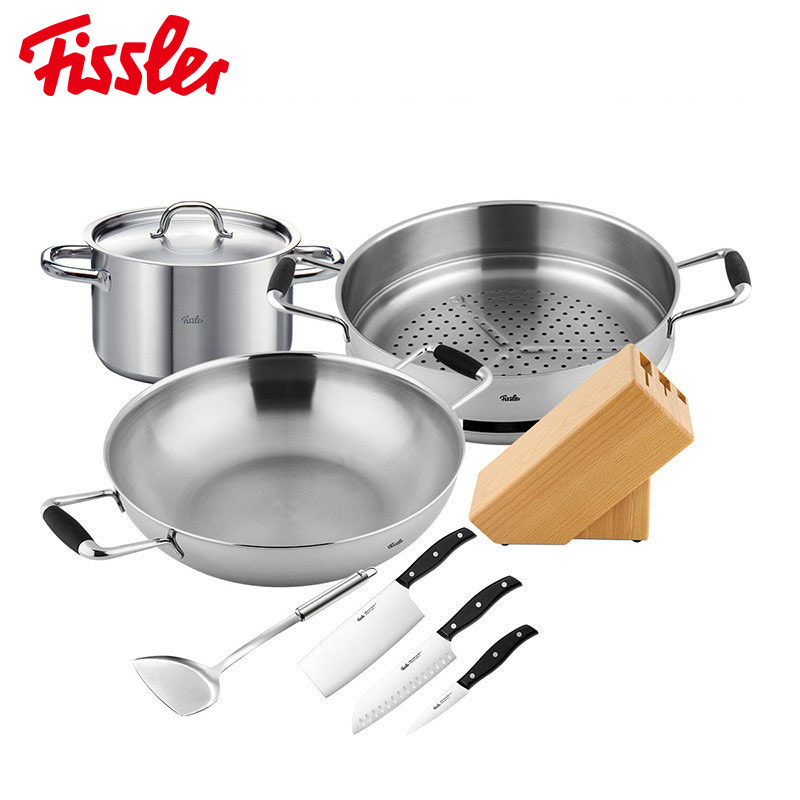 菲仕乐(fissler)锅具套装 TZ00000876 多层钢32厘米双柄中式炒锅 配蒸屉 汤锅精致刀具套组