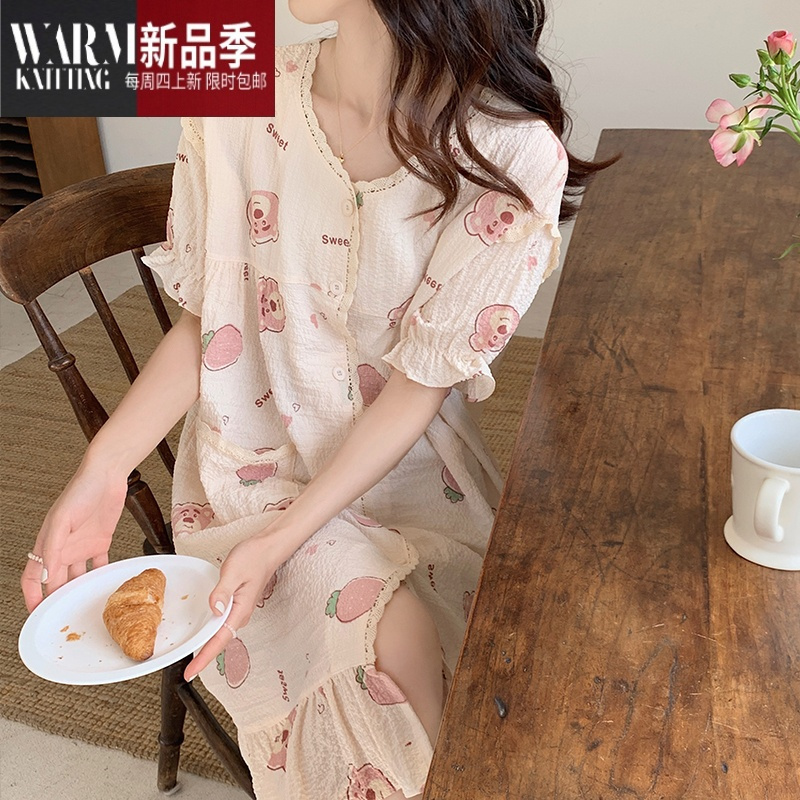 SHANCHAO夏季睡衣女款透气棉纱可爱卡通少女生睡裙甜美高级感家居服连衣裙