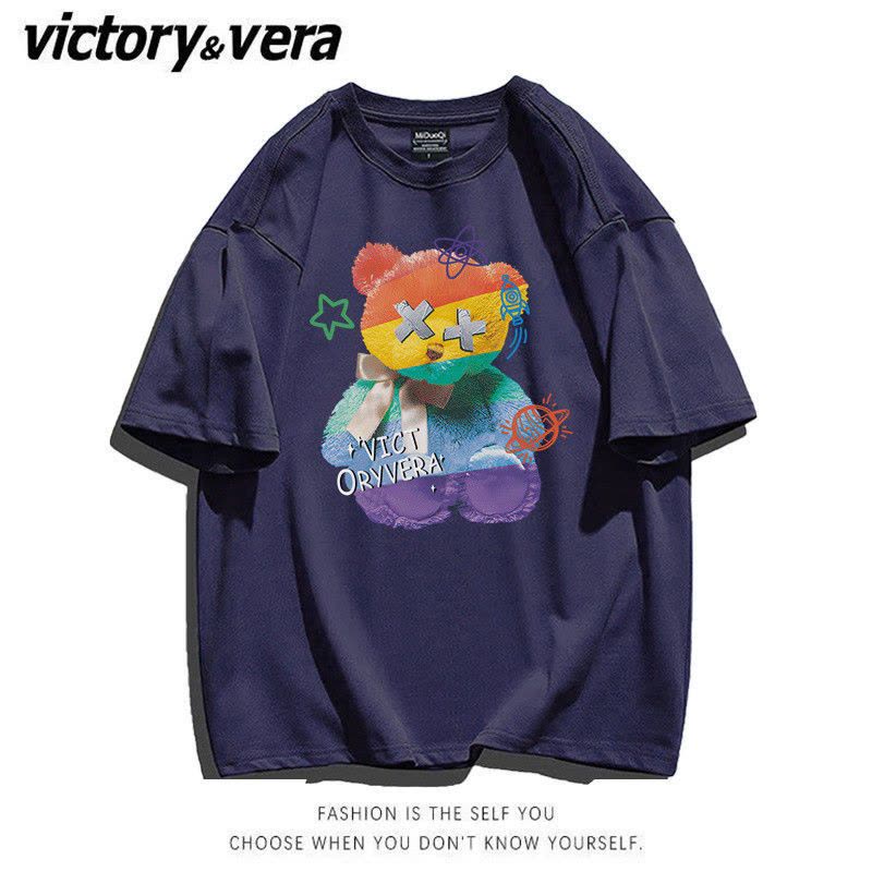 VICTORYVERA美式复古小熊短袖T恤女2022新款夏季宽松韩版百搭上衣图片