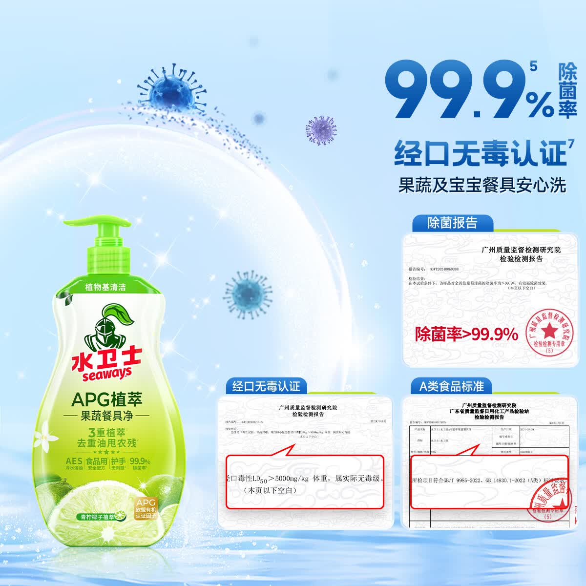 水卫士果蔬净820g*1瓶 A类家用食品级洗洁精自营去农残餐具洗涤灵洗碗液高清大图