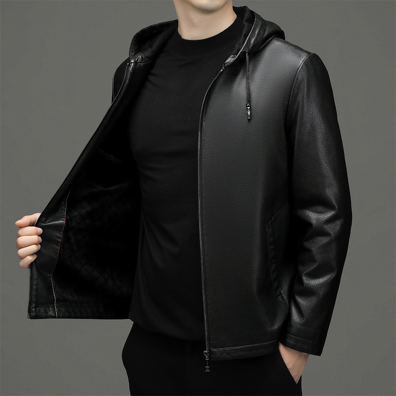 掉皮包换 2023年秋冬新款海宁山羊皮衣男真皮连帽韩版帅气机车皮夹克
