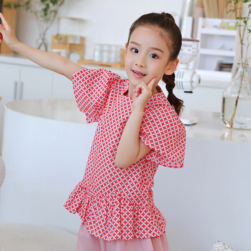 龙之涵(LONGZHIHAN)女童2022新款儿童短袖夏装洋气宝宝上衣时髦童装