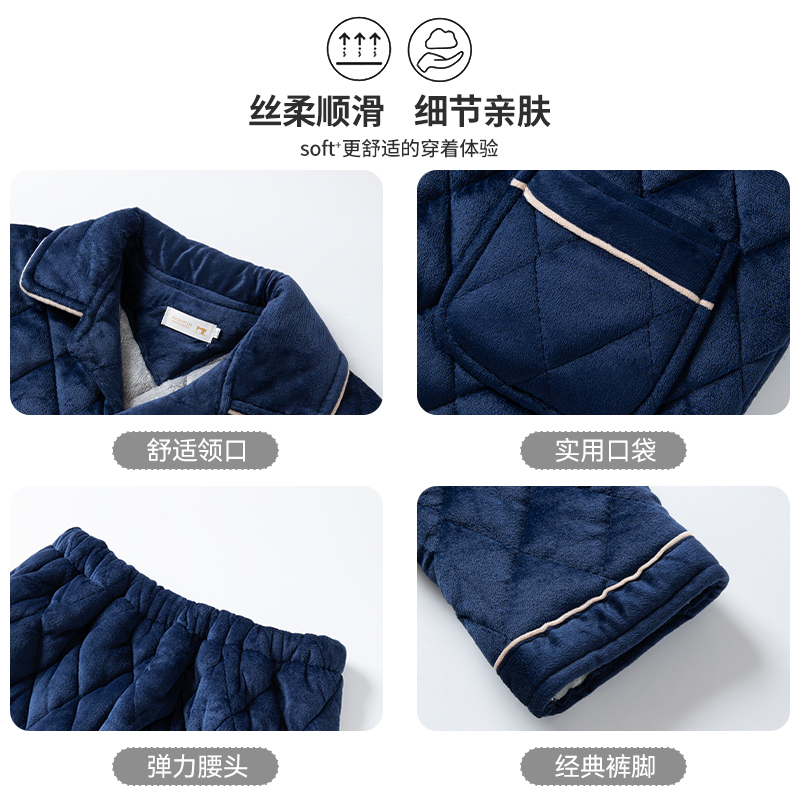啄木鸟2024冬季三层加厚夹棉睡衣中老年男士法兰绒爸爸加绒家居季高清大图