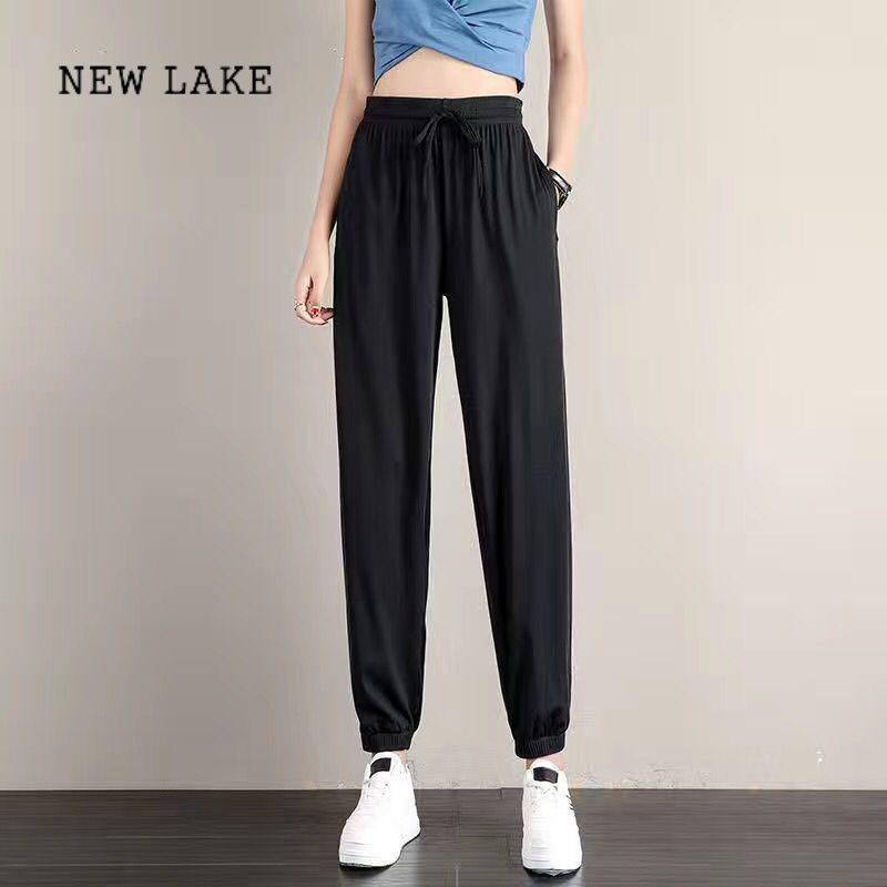 new lake女裤夏季大码冰丝九分休闲裤女宽松显瘦运动哈伦裤子女学生薄