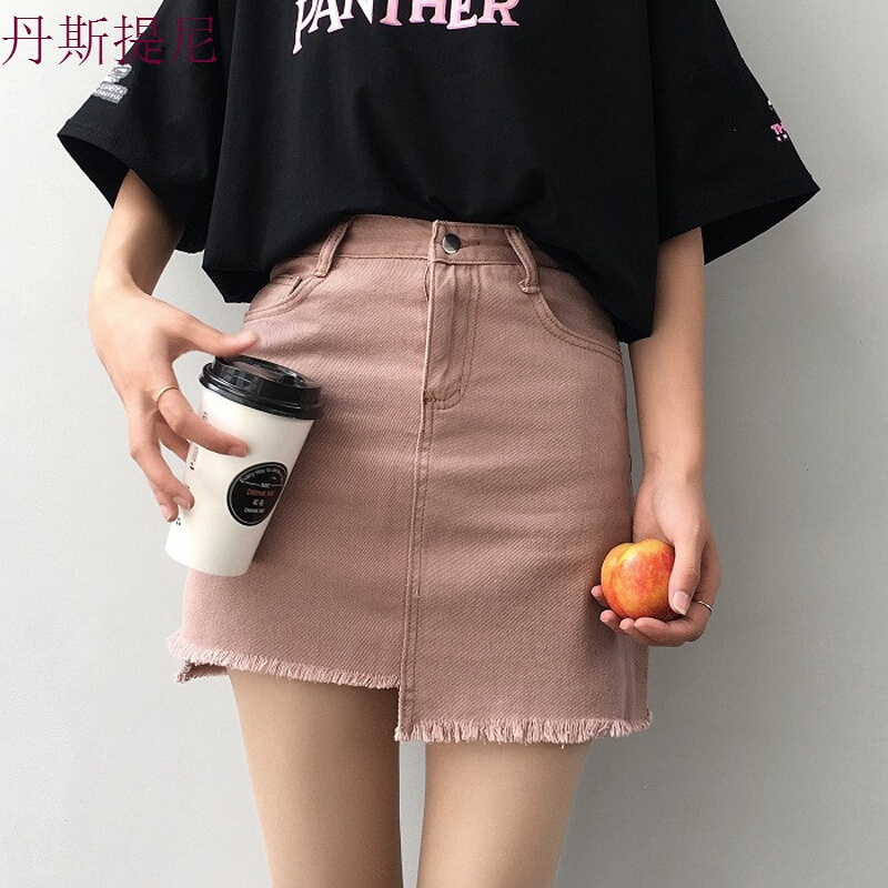 春夏韩版不规则毛边牛仔裙高腰包臀裙显瘦A字裙半身裙短裙学生女