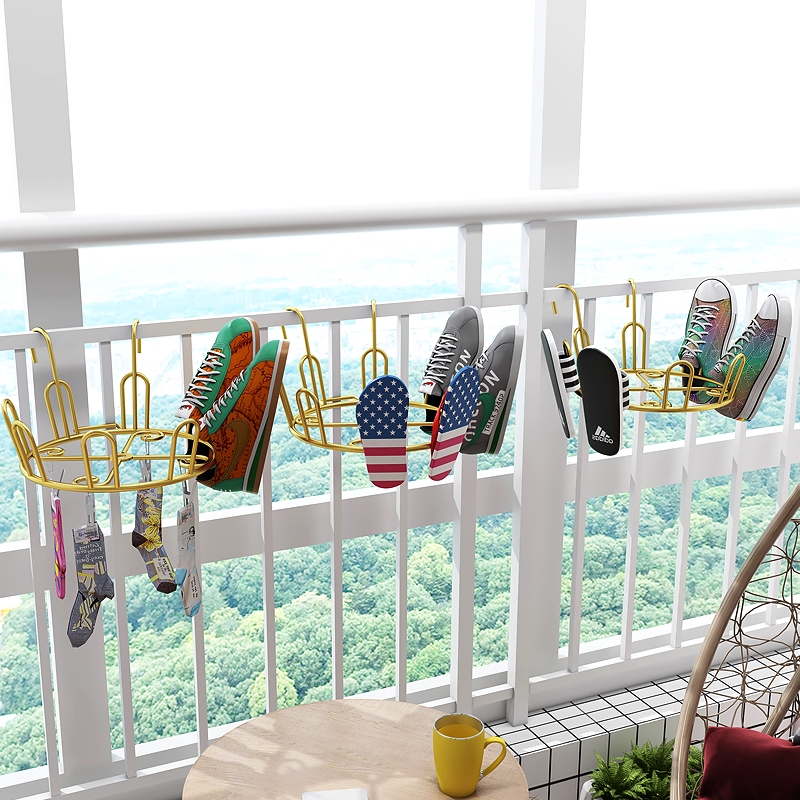 简约家用铁艺栏杆晾鞋架室外阳台晒鞋子免悬挂式拖鞋收纳
