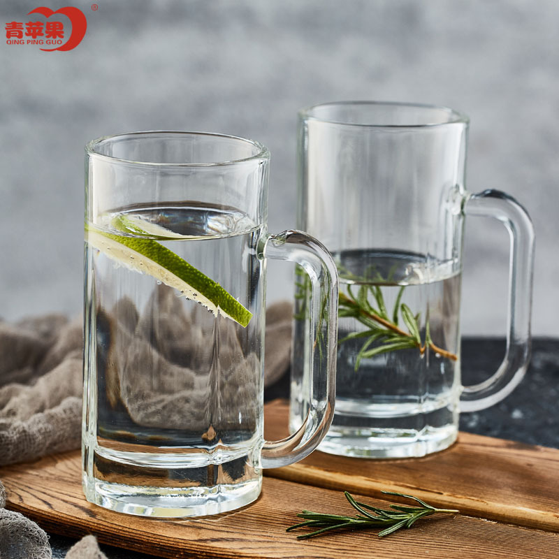 青苹果玻璃水杯茶杯EZ2233单层带把多用途果汁杯啤酒杯