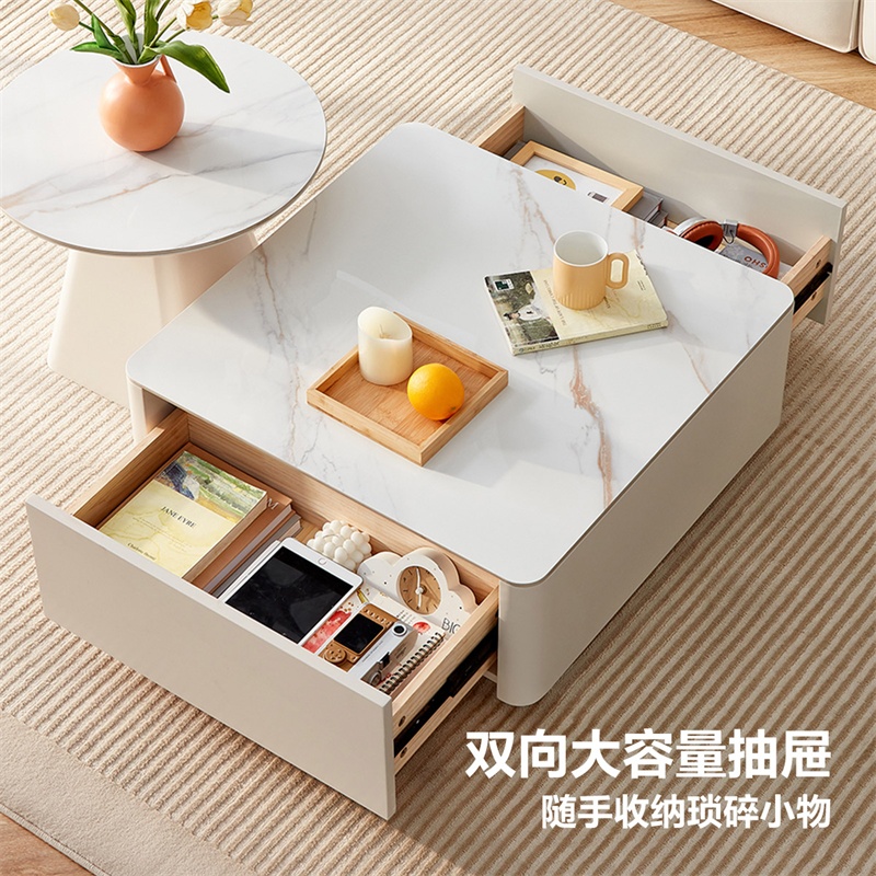 全友家居 现代简约岩板圆形小户型简易奶油风茶几组合客厅家用高清大图