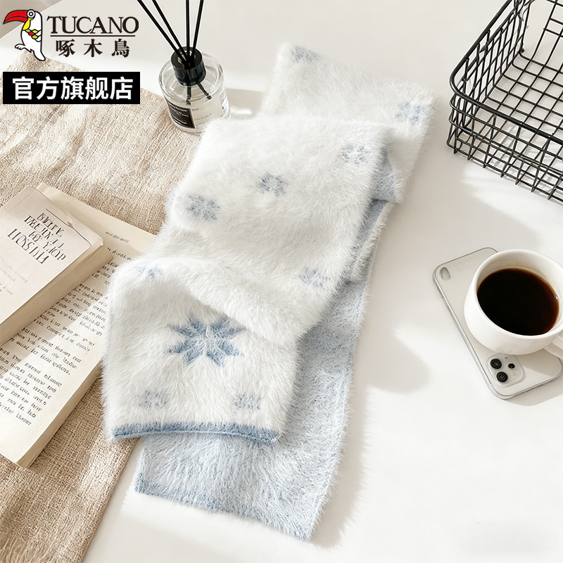 啄木鸟2025新款蓝色雪花围巾女秋冬季保暖百搭氛围感毛绒学生围季高清大图