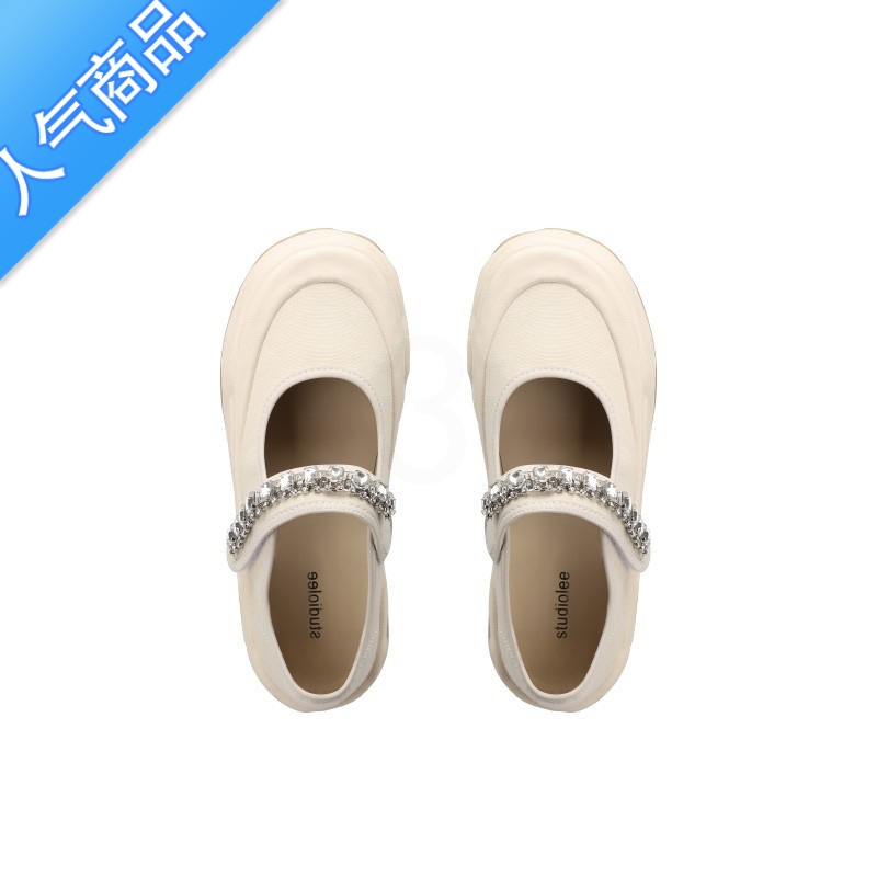 SUNTEK羊皮版~2023新款水钻一字带魔术贴圆头浅口玛丽珍鞋半拖帆布鞋T高清大图