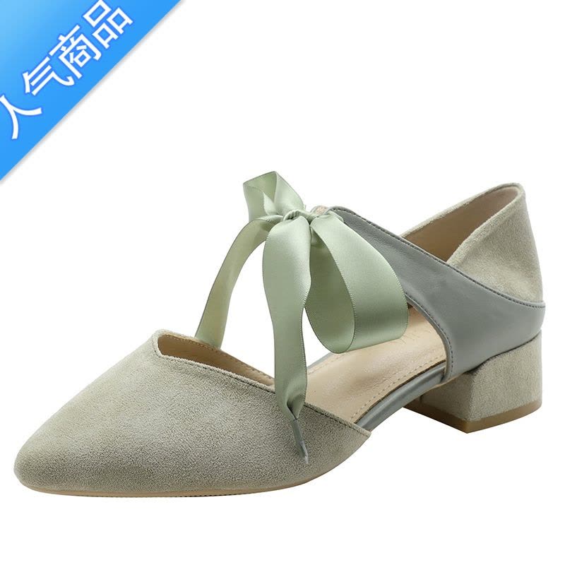 SUNTEK法式玛丽珍包头凉鞋女夏仙女风2023蝴蝶结粗跟中跟尖头斩男高跟鞋图片