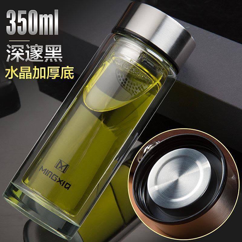 家柏饰(CORATED)玻璃杯 双层便携水杯带盖过滤办公杯男女杯子耐热车载茶杯 黑色350ml(不锈钢内盖)图片