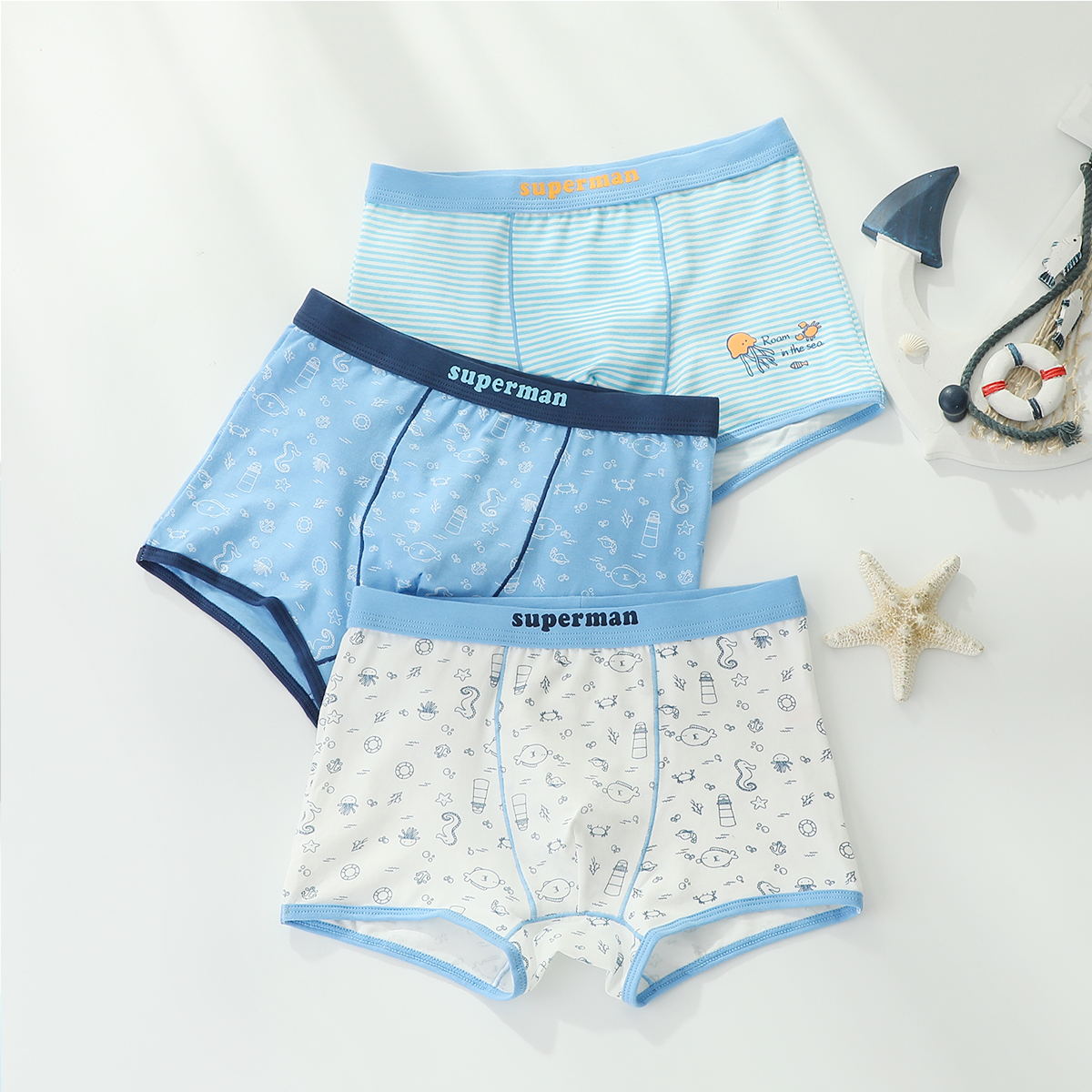 红豆居家儿童内裤男童中大童宝宝三条礼盒装平角短裤369混色系二140