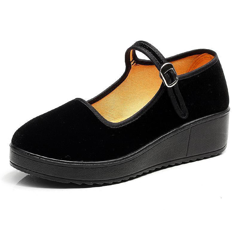 骆驼潮老北京布鞋女厚底坡跟黑色工作鞋职业酒店上班鞋一字扣带女鞋单