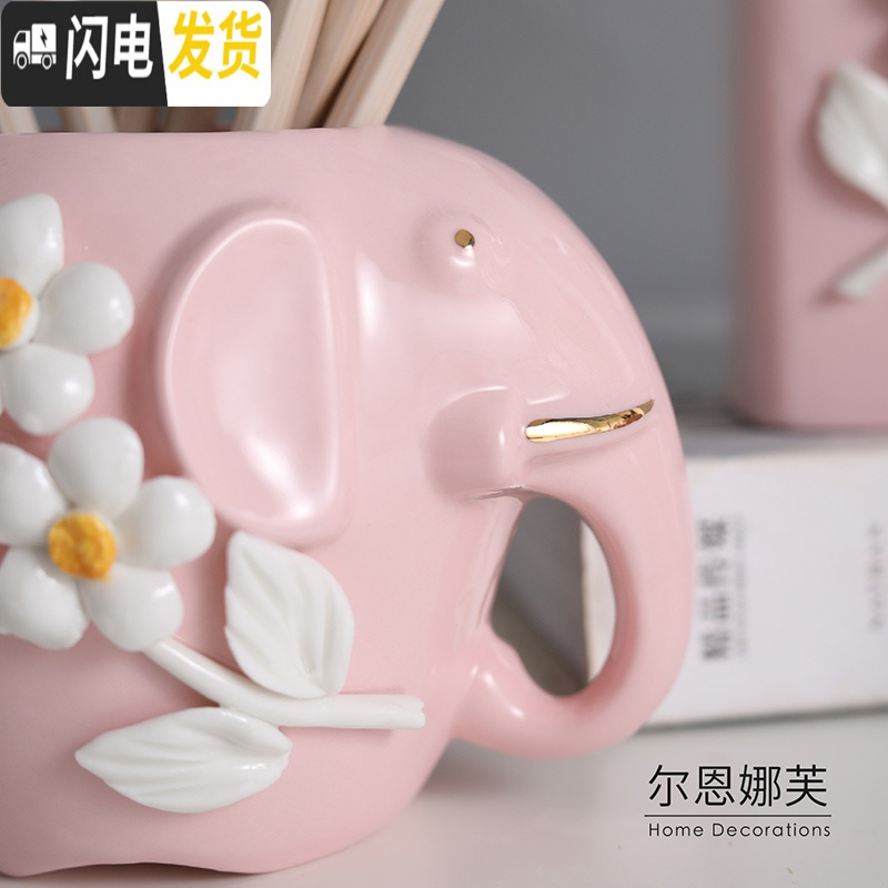 三维工匠可爱大象办公笔筒桶 陶瓷化妆刷筒化妆刷桶桌面眼线笔眉笔收纳筒 墨绿鹿筒