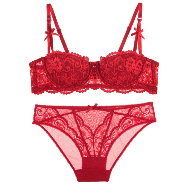 本命年红色少女内衣套装性感聚拢黑色小胸罩欧美蕾丝半杯文胸薄款视频