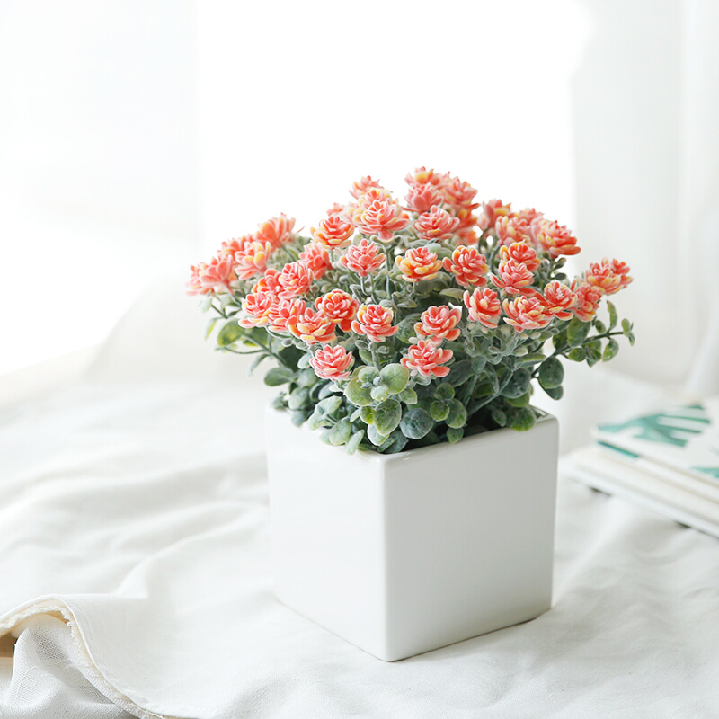 餐桌花饰品仿真花艺植物盆栽桌面摆件简约方形白色陶瓷花盆米兰果