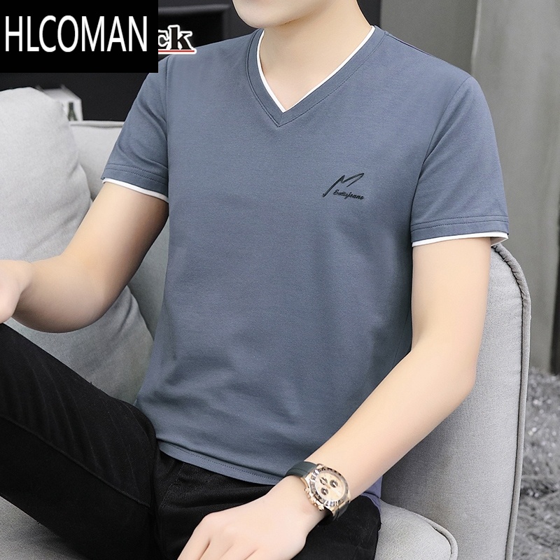 HLCOMAN男士t恤短袖2025新款时尚v领潮牌半袖丅上衣服夏季体恤衫夏装 659蓝灰 M建议85斤至100斤