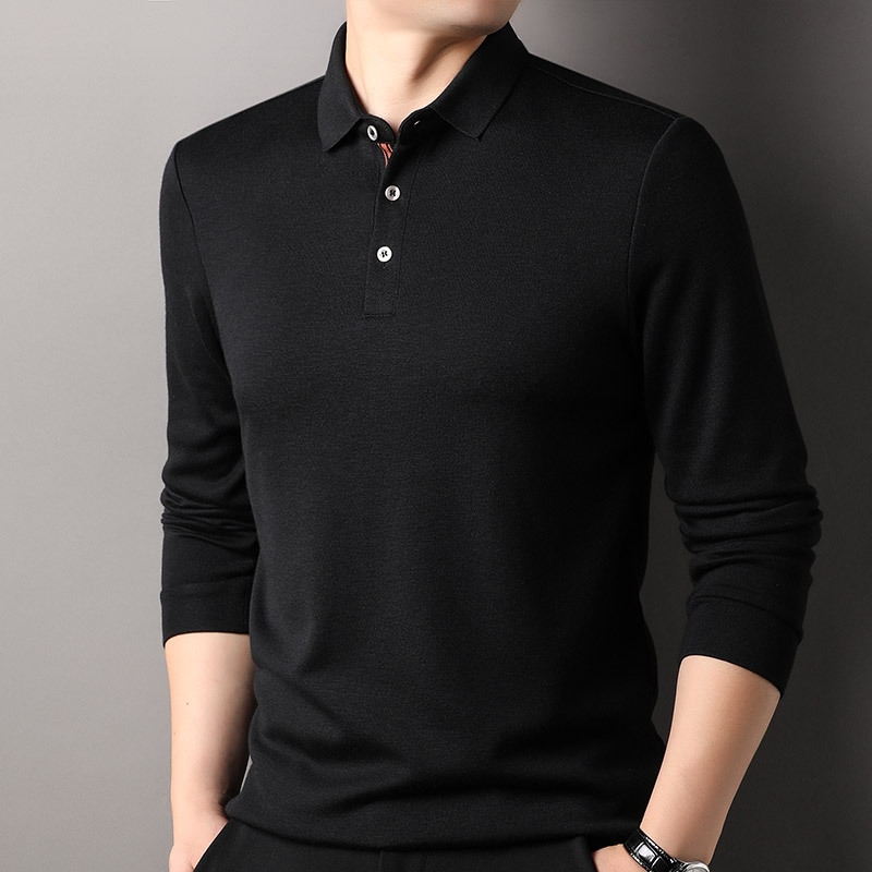 恒源祥含山羊绒长袖t恤男士POLO衫2024秋冬季新款收口袖T恤打底衫 2XL 黑色