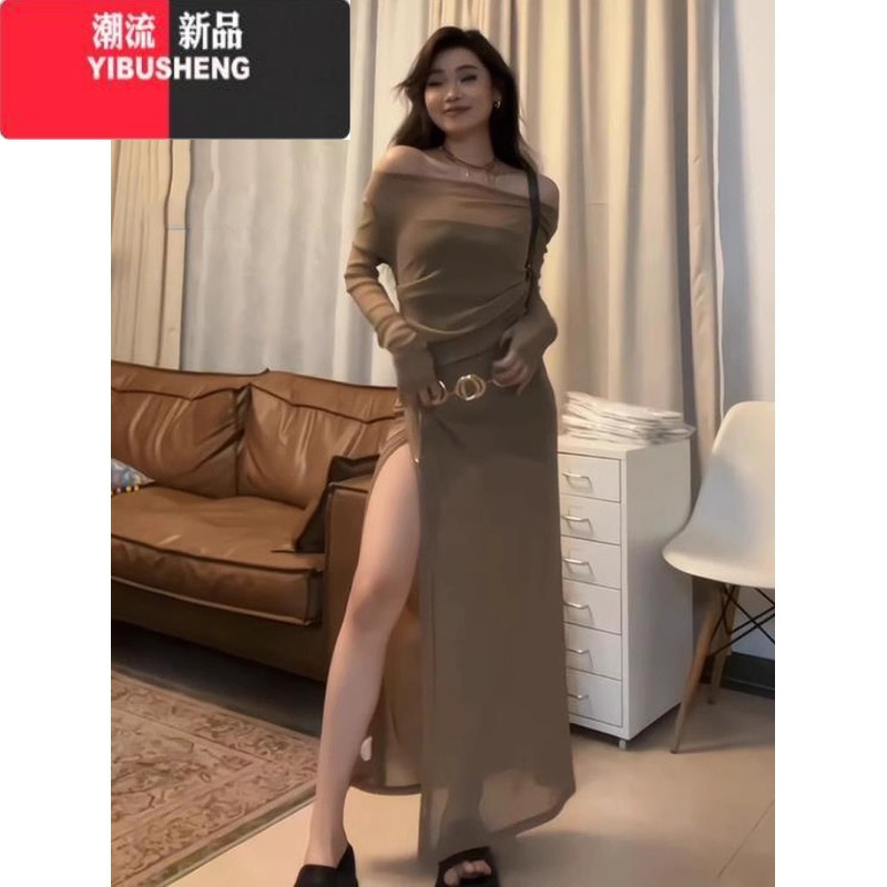 YIBUSHENG微胖mm慵懒风性感网纱连衣裙女垂感显瘦遮肉废土风长裙子辣妹套装