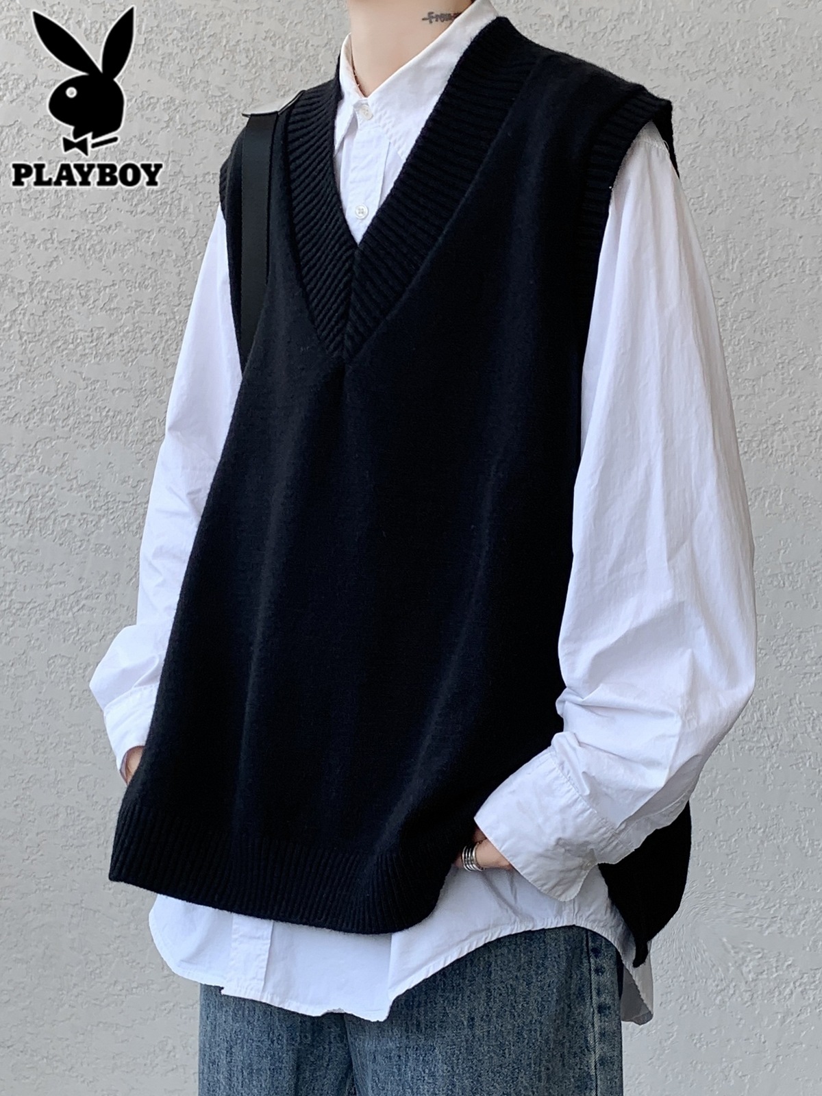 花花公子v领毛衣背心男士秋冬季潮牌青少年学院风内搭针织衫马背高清大图