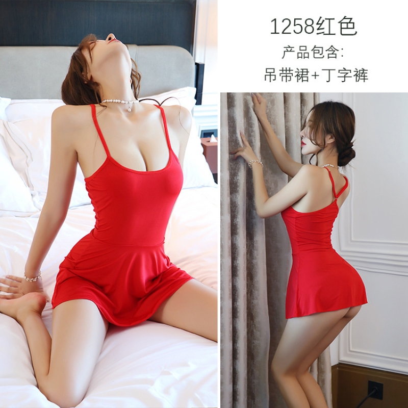 长夜漫漫情趣内衣性感睡衣吊带纯欲冰丝睡裙激情诱惑床上免脱1258 红色 均码(80-120斤)
